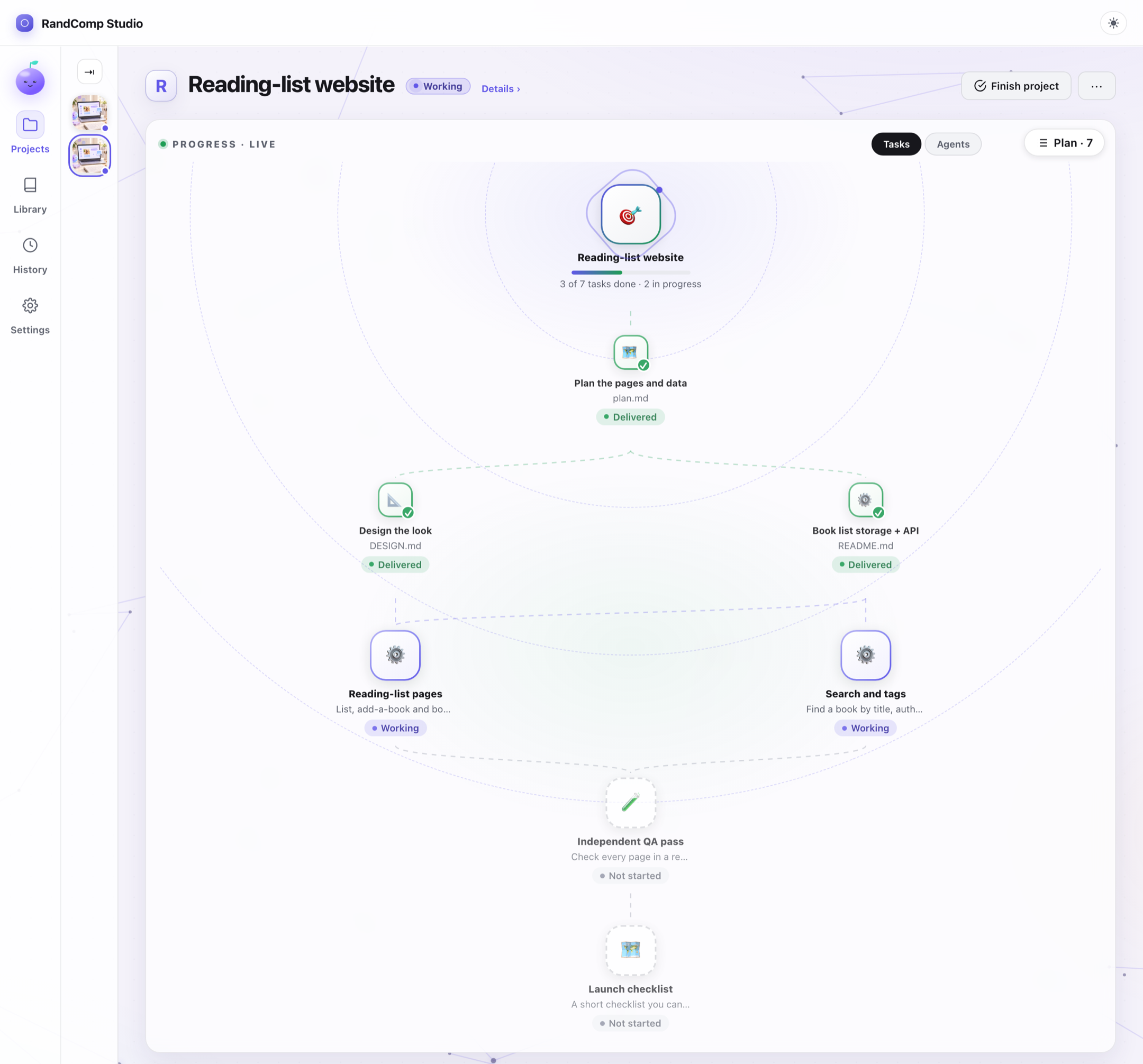 RandComp Studio's project page on the Tasks tab: the goal “Reading-list website, 3 of 7 tasks done, 2 in progress” at the top of a diagram of tasks — three delivered, two working, two not started yet, each waiting for the ones above it.